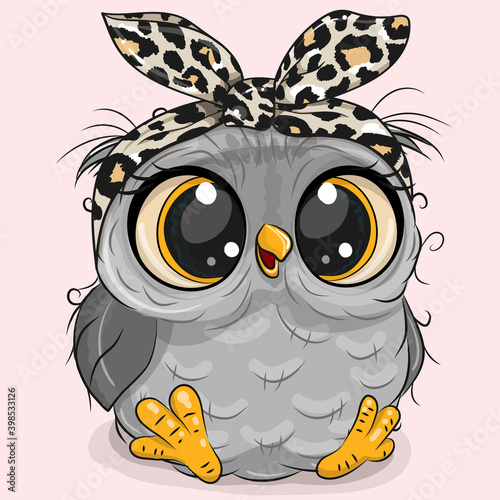 Cartoon Owl with bow on a pink background