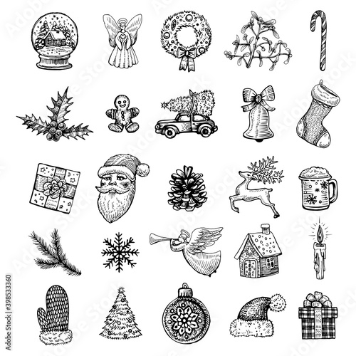 Christmas hand drawn line icons for social media design, holiday story highlight icons.