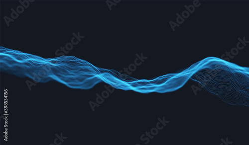Blue particle wave background. Abstract dynamic mesh. Big data technology. Vector grid illustration.