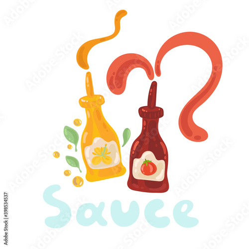 Mustard and ketchup stock illustration. Two sauce bottles with splashes. Cute funny tomato, mustard seeds and leaves. Food menu illustration on white background with floating liquids.