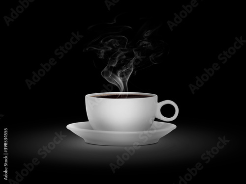 white cup with hot liquid and steam on black background