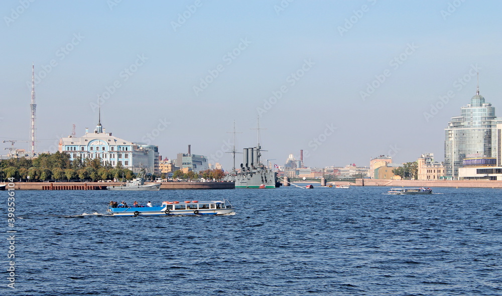 View of the legendary cruiser and the Nakhimov Naval School. St. Petersburg.
