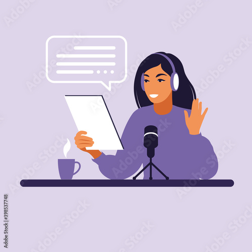 Female podcaster talking to microphone recording podcast in studio. Radio host with table flat vector illustration.