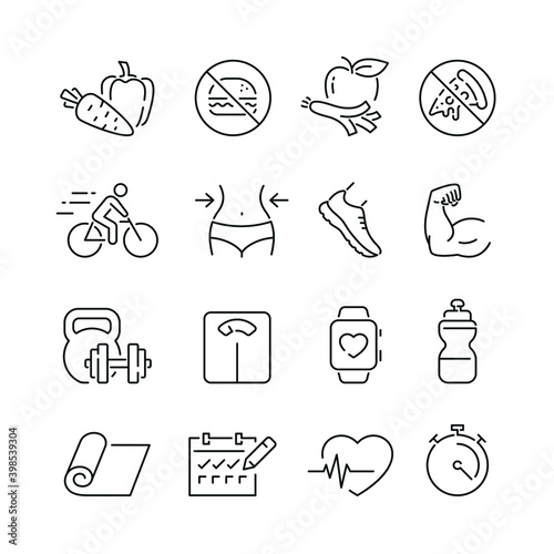 Fitness related icons: thin vector icon set, black and white kit