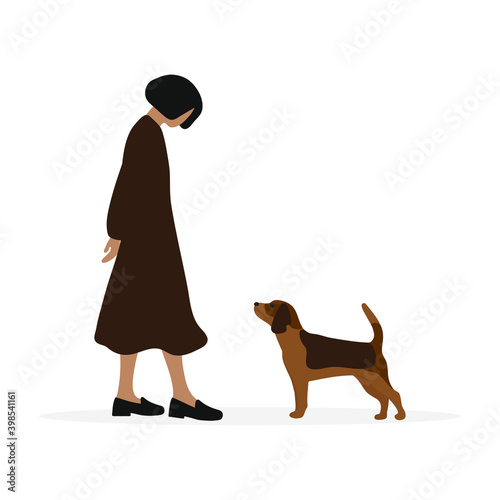 Female character and dog without collar looking at each other on white background