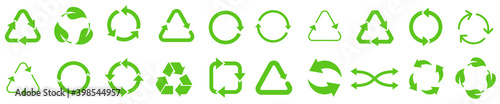 Biodegradable, compostable, recyclable icon set. Set of green arrow recycle. Mega set of recycle icon. Green recycling and rotation arrow icon pack.Vector illustration