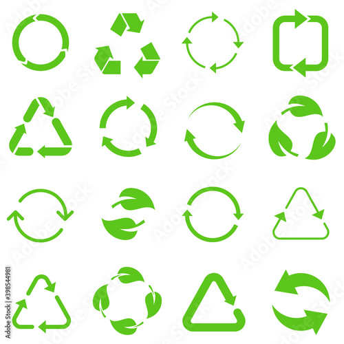 Biodegradable, compostable, recyclable icon set. Set of green arrow recycle. Mega set of recycle icon. Green recycling and rotation arrow icon pack.Vector illustration