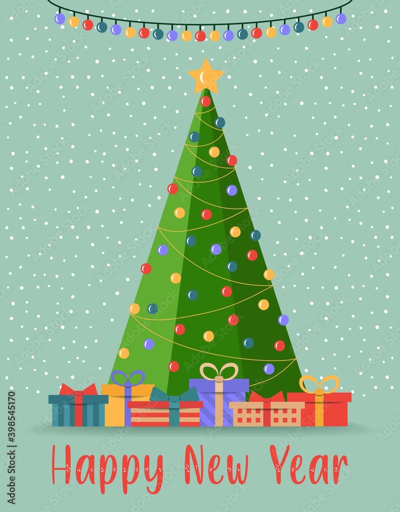 Vector illustration of holiday Christmas and New Year 2021 greeting card with green Christmas tree and star on blue background and frame for text.Invitation corporate card,banner,post design template