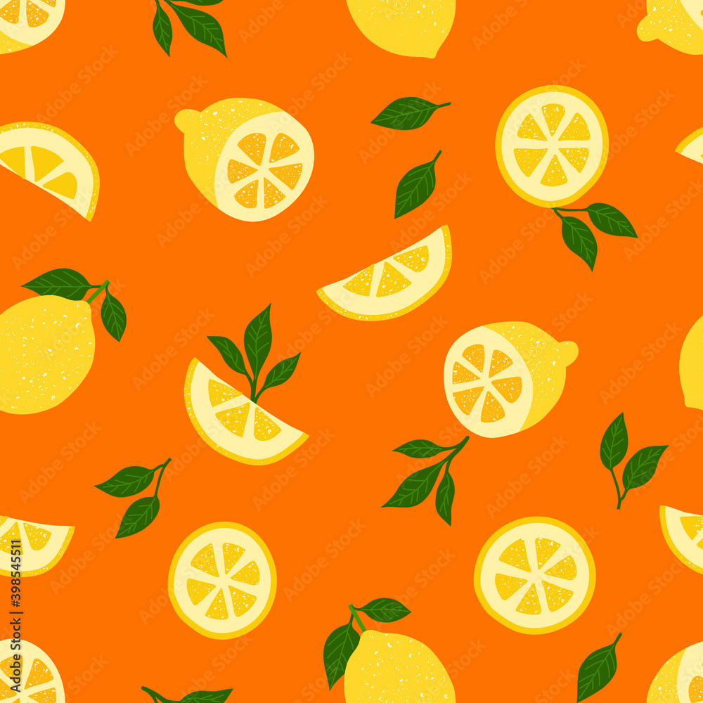 Lemons tropical yellow seamless pattern. Citrus fruit and leaves repeated on orange background. Vector bright print for fabric or wallpape