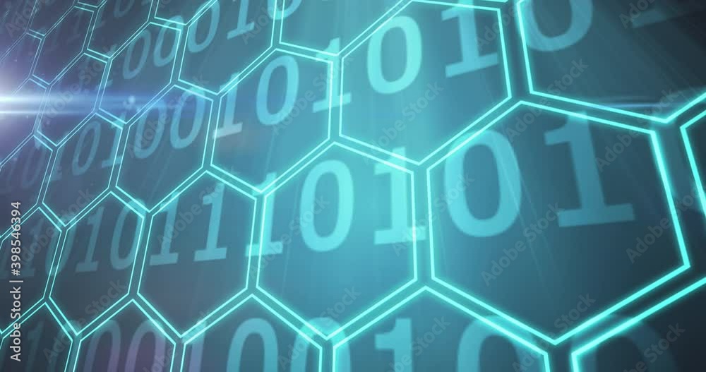 Animation of binary coding and network of glowing green hexagons Animation of binary coding and network of glowing green hexagons