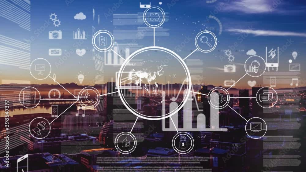 Animation of network of connections with icons over cityscape Animation of network of connections with icons over cityscape