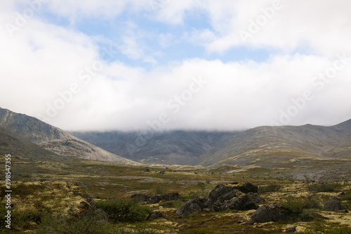 Scenic view of tundra in summertime with mountains background and cloudy sky. Khibiny mountains, Kola Peninsula, Russia.