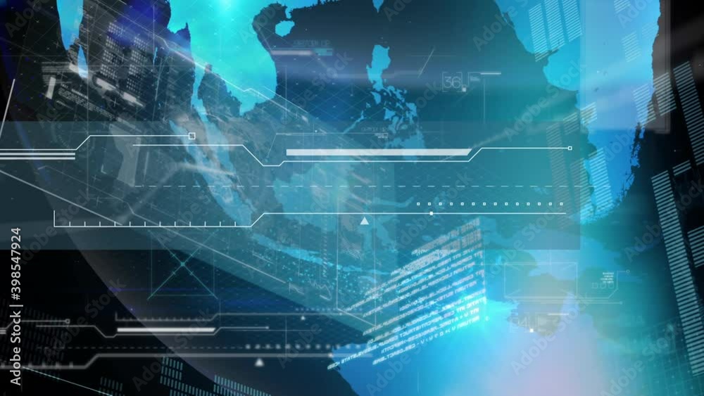 Digital animation of digital interface with data processing against spinning globe on blue backgroun Digital animation of digital interface with data processing against spinning globe on blue backgroun