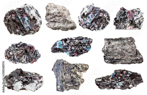 geological collection of natural samples of natural rocks with unpolished Biotite mineral isolated on white background photo