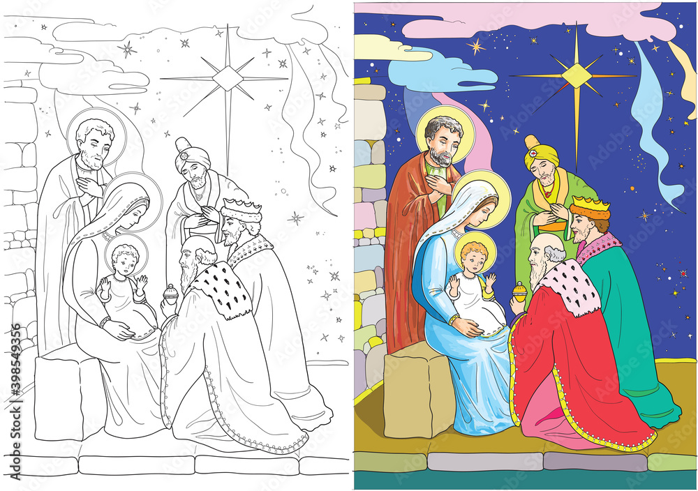 Obraz premium Christmas nativity scene with baby Jesus, Mary and Joseph. Three wise kings arrives with divine gifts. Star of Bethlehem. Christian vector illustration.