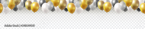 Balloon seamless border isolated on transparent background. Vector realistic gold, golden bronze, silver, white and black festive 3d helium baloons banner for anniversary, birthday party design