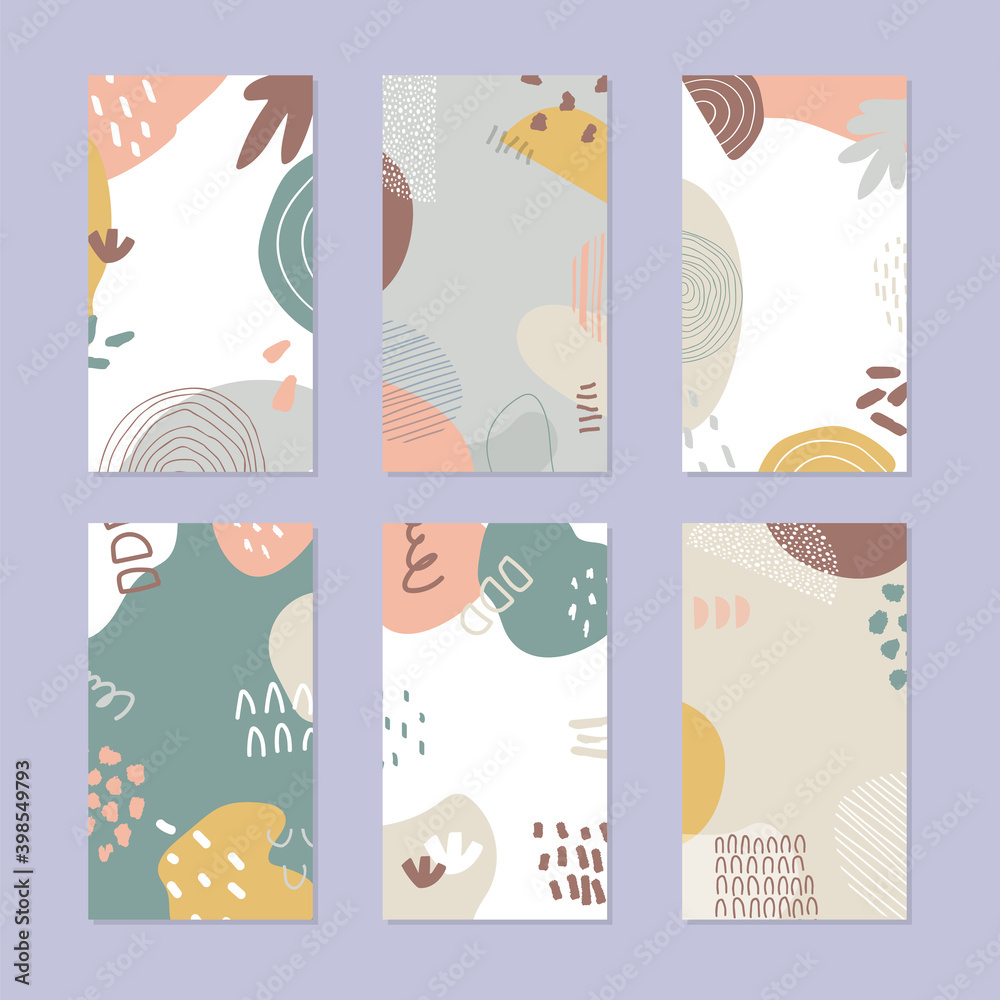 Set of abstract story backgrounds. Hand drawn natural pattern in trendy style. 