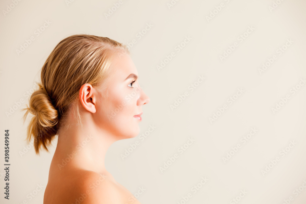 Side view beautiful woman on white background Side view beautiful woman on white background