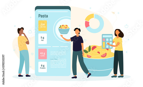 Mobile application for calorie counting. Tiny people with diagram on giant mobile phone and fresh food vegetables count calorie. Flat cartoon vector illustration