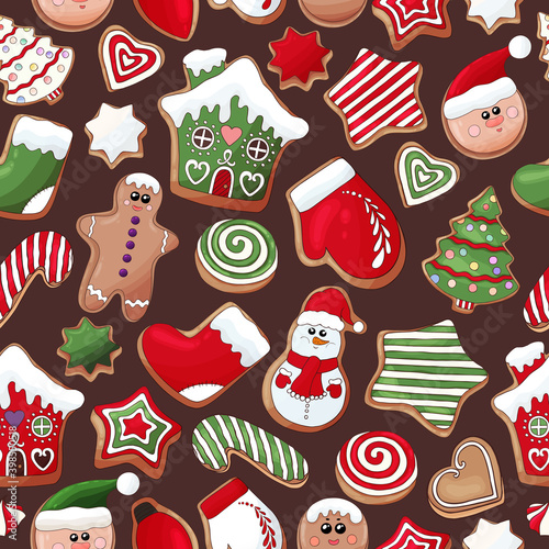 Gingerbread cookies pattern. Christmas cookies print. Many types christmas sweets. Happy New Year delicious pattern. Gingerbread house, gingerbread man cookies print. Christmas glazed cookie wallpaper