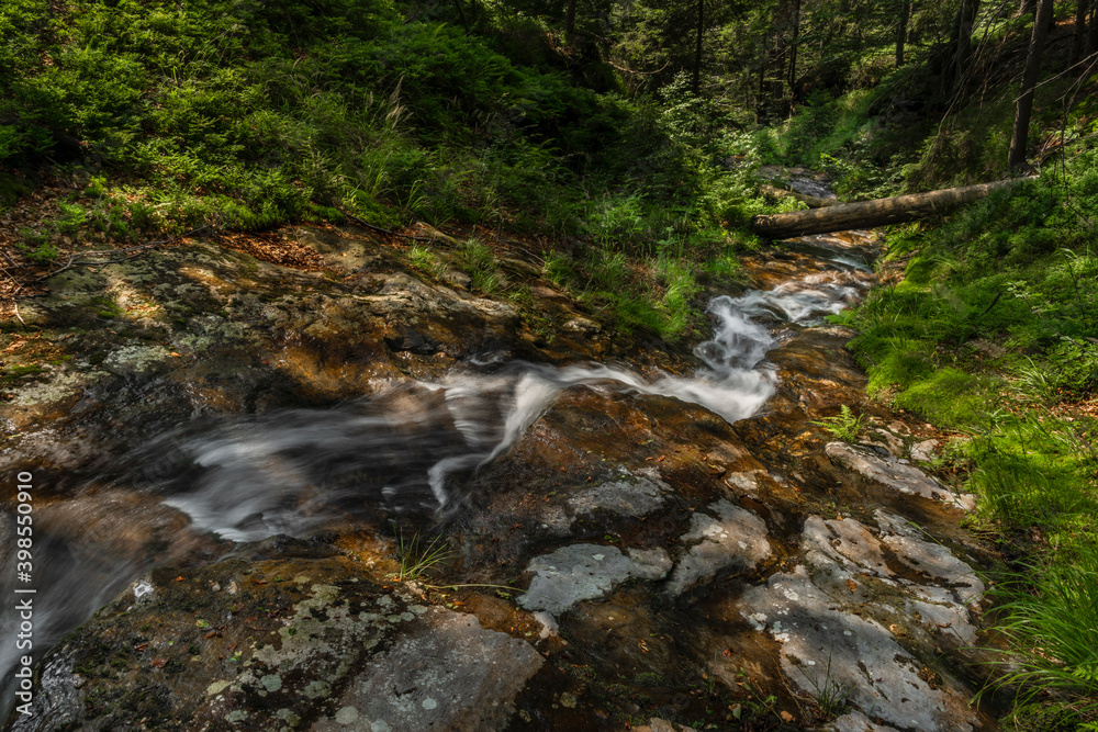 Small waterfall on Divoky creek near Kouty nad Desnou village in summer day