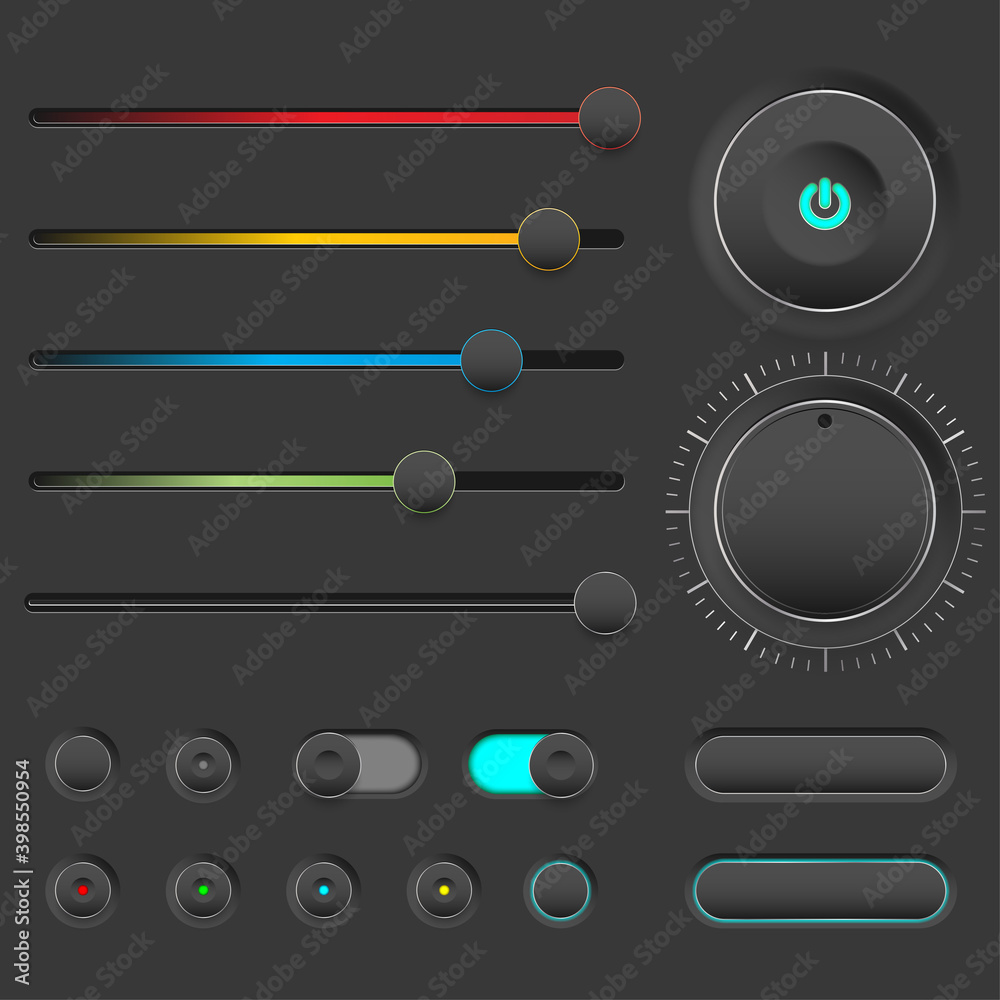 Vector Illustration of UI set. Realistic active button, non-activ button, check button, slider, button on off and regulators.
Vector Illustration of UI set. Realistic active button, non-activ button, check button, slider, button on off and regulators.