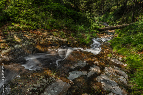 Small waterfall on Divoky creek near Kouty nad Desnou village in summer day