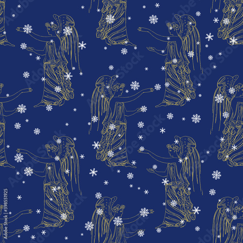 Seamless winter pattern with antique angels under snowflakes. Winged ancient Greek goddesses. Nike or Hebe.