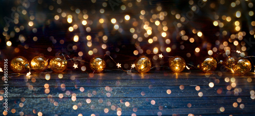 Christmas background - golden fairy lights, rustic Christmas decoration
