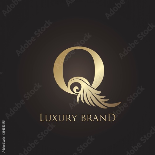 Luxury Letter Q Logo Gold Monogram Feather Decorative Ornate Ornament Vector Design