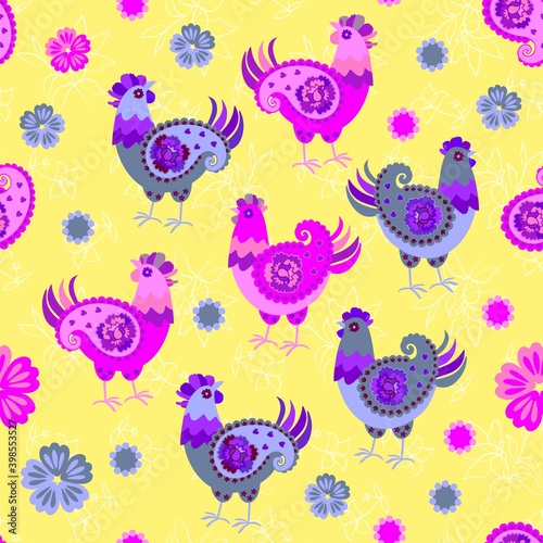 Cheerful chickens with wings in shape of paisley and little flowers on yellow background. Seamless decorative pattern. Print for fabric.