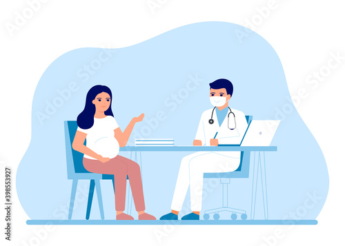 Young pregnant woman at consultation with doctor gynecologist in hospital. Pregnancy monitoring, analysis, monitor health. Expectant mother, motherhood, maternity. Vector illustration flat style