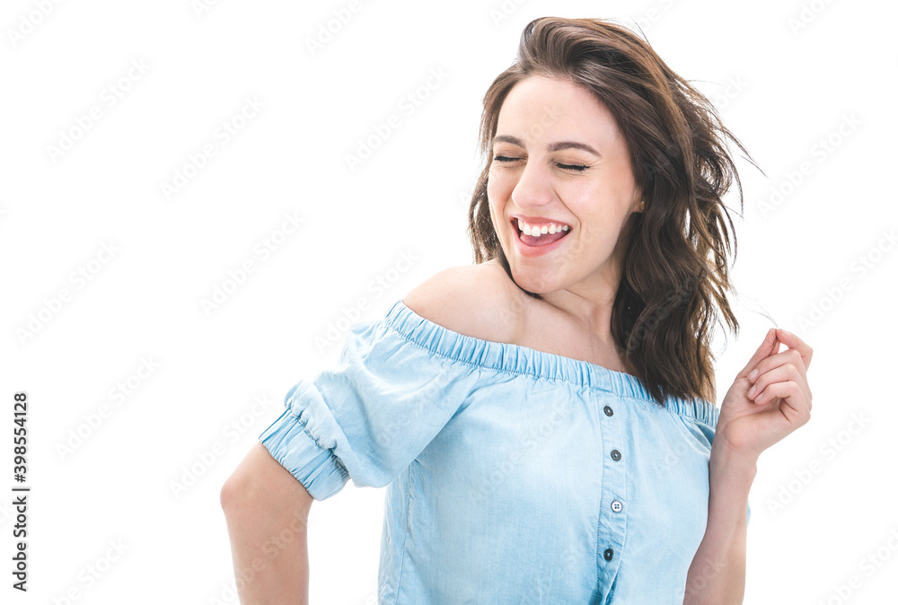 Excited young woman enjoying, isolated on white background. Pretty girl with closed eyes. Copy space Excited young woman enjoying, isolated on white background. Pretty girl with closed eyes. Copy space