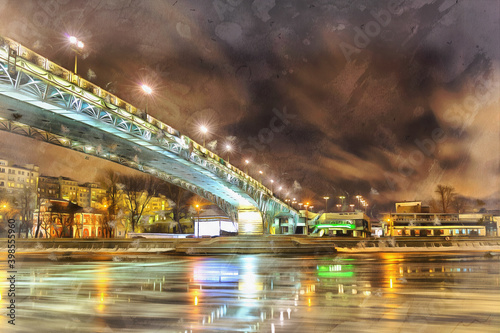 Winter view on Moscow river colorful painting looks like picture, Moscow, Russia.