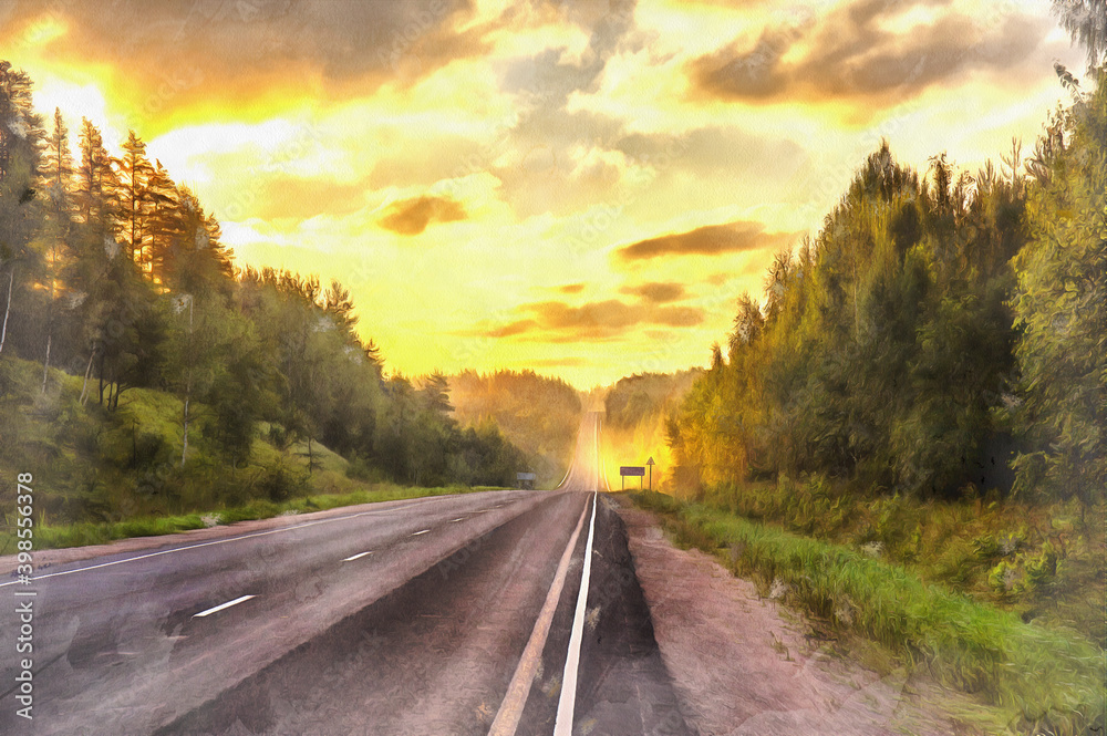 Beautiful landscape with asphalt road among the forest at sunrise time