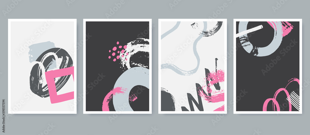 Set of abstract contemporary compositions in artistic hand painted style. Trendy posters collection with grunge elements. Use for cover, wall decor, t-shirt print, postcard, etc. Vector illustration.