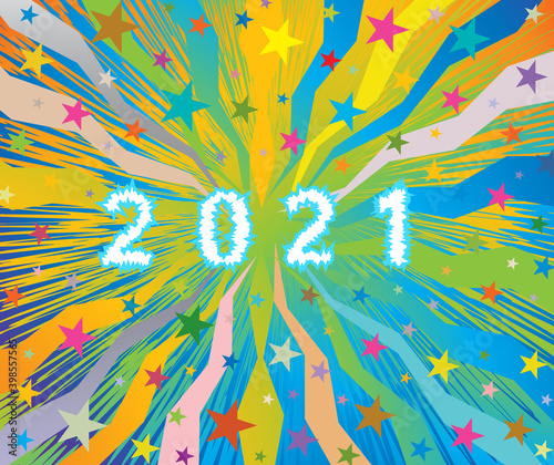Happy New Year 2021 celebratory colorful burst background with stars and frozen ice number letters 2021.