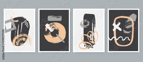 Set of abstract contemporary compositions in artistic hand painted style. Trendy posters collection with grunge elements. Use for cover, wall decor, t-shirt print, postcard, etc. Vector illustration.