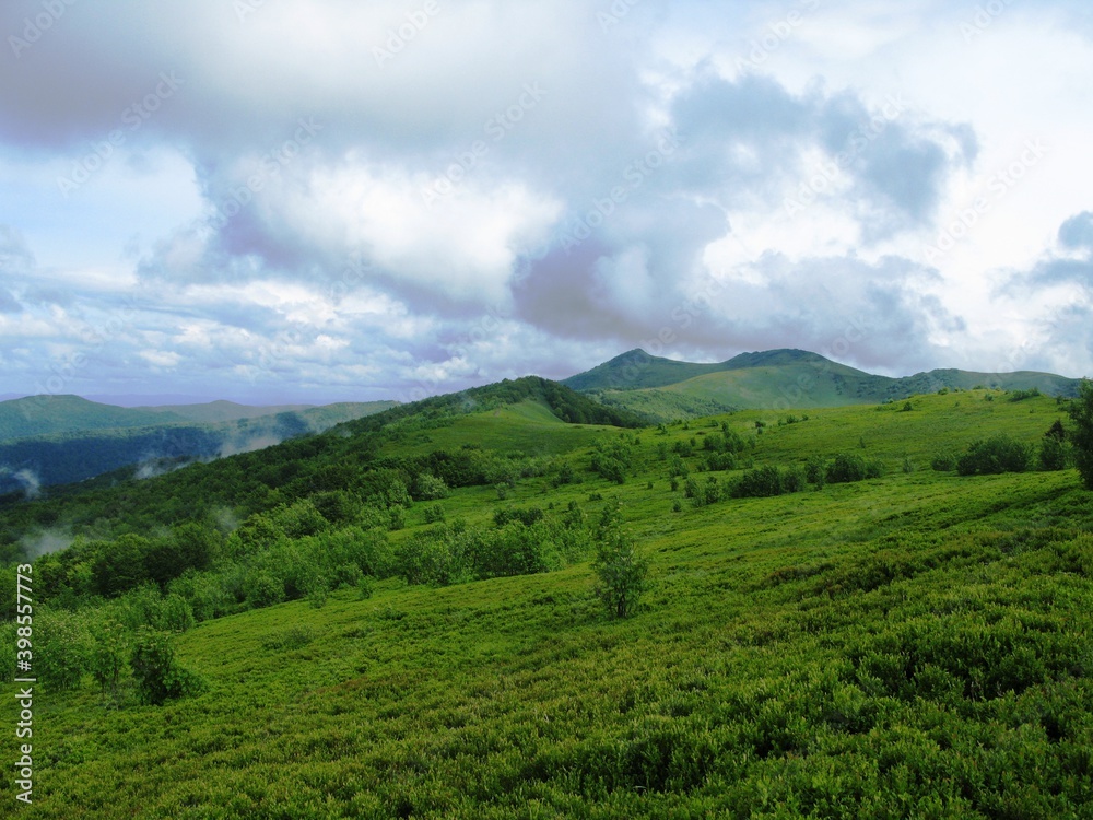 View from Orlowicz mountain pass in spring, Bieszczady mountains, Poland