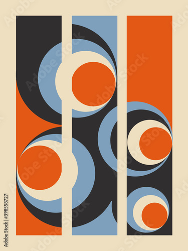 Vector trendy retro bauhaus geometric covers. Use for placards, brochures, posters, banners, wall decoration. Blue, red, black. Home interior poster.