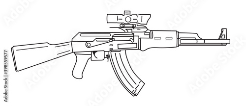 An assault rifle illustration. It is equipped with a scope and a magazine. 