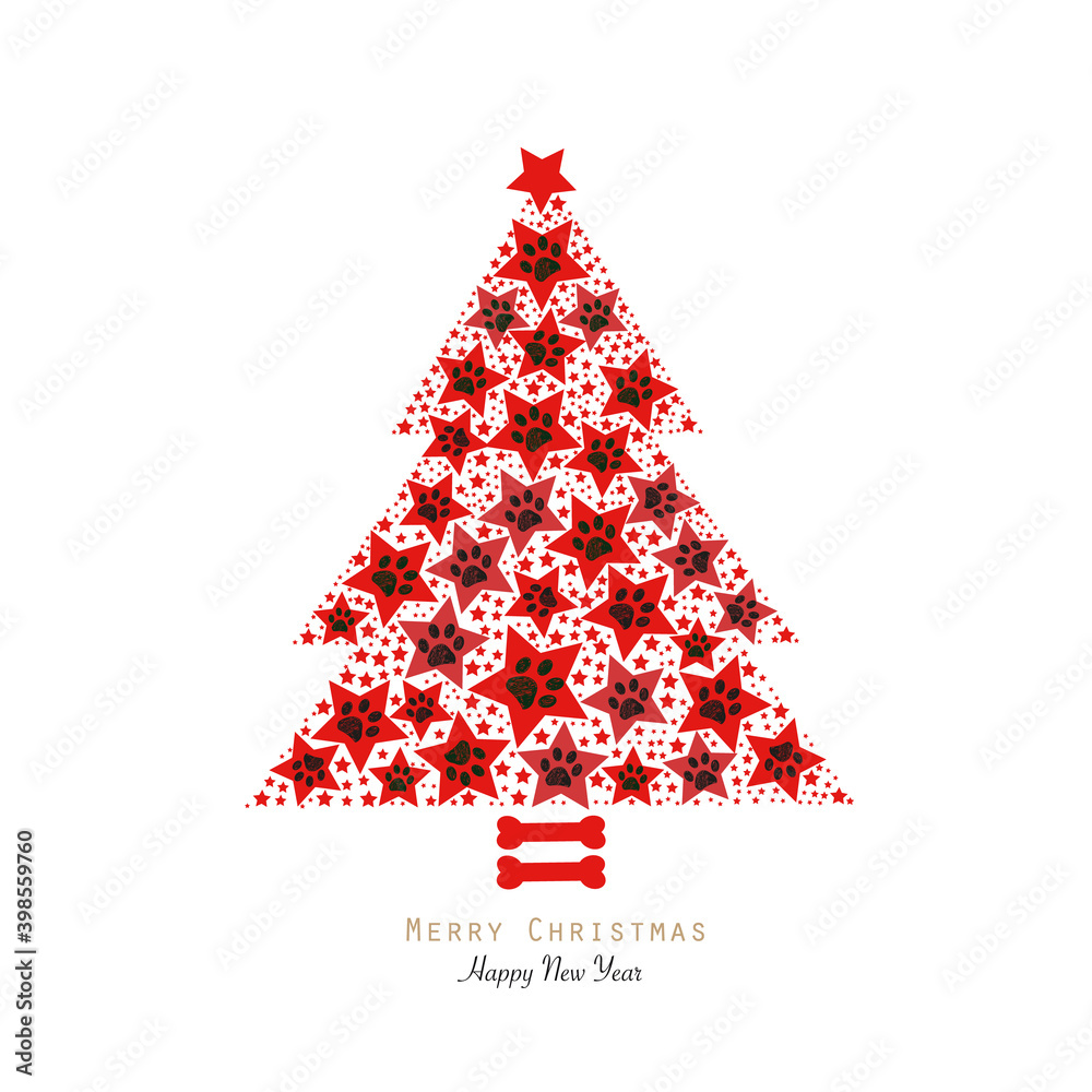 Christmas tree made of red stars with paw prints. Happy new year and merry Christmas greeting card Christmas tree made of red stars with paw prints. Happy new year and merry Christmas greeting card