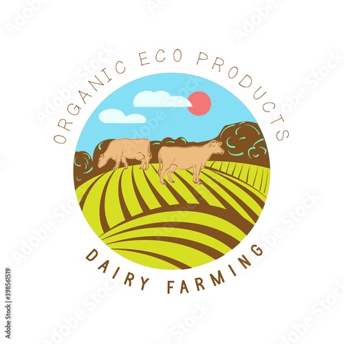 The emblem of a dairy farm. Cows grazing in a meadow, rural landscape.