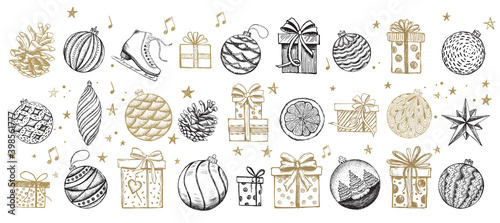  New Year and Christmas  set. Hand drawn illustration  vector.