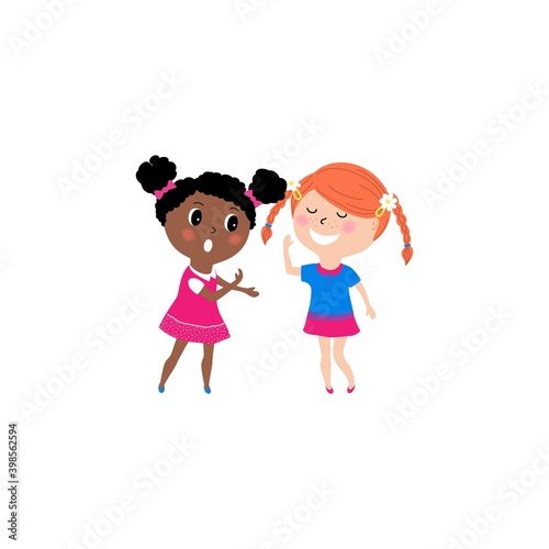 Vector illustration of two little girls talking, cartoon design isolated on white background