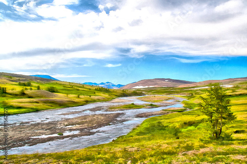 Beautiful mountain landscape at Polar Urals colorful painting