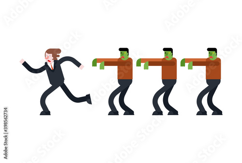 Zombie is chasing man. Zombi running after guy. Green walking dead haunts man. vector illustration