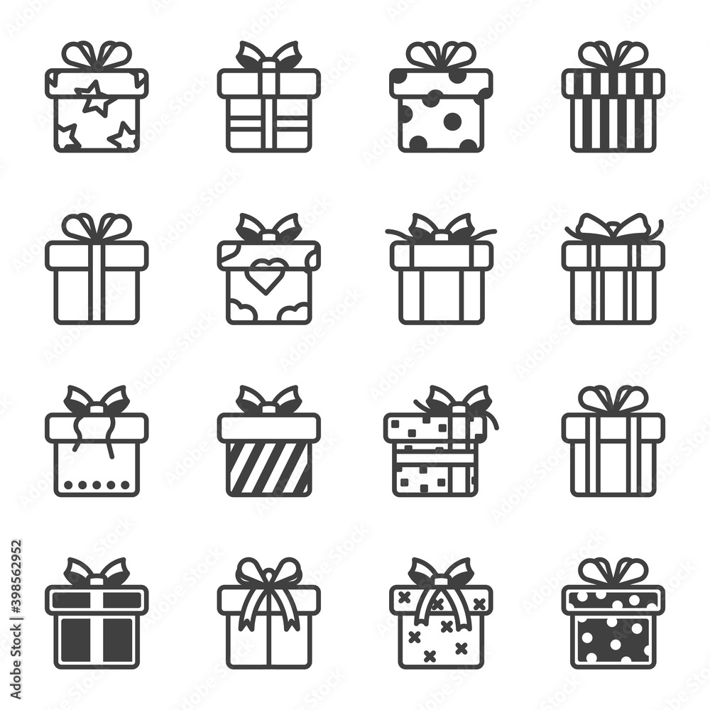 Gift boxes icons set. A simple line drawing of various options and gift wrapping styles. Various texture of the wrapper. Isolated vector on white background. Gift boxes icons set. A simple line drawing of various options and gift wrapping styles. Various texture of the wrapper. Isolated vector on white background.