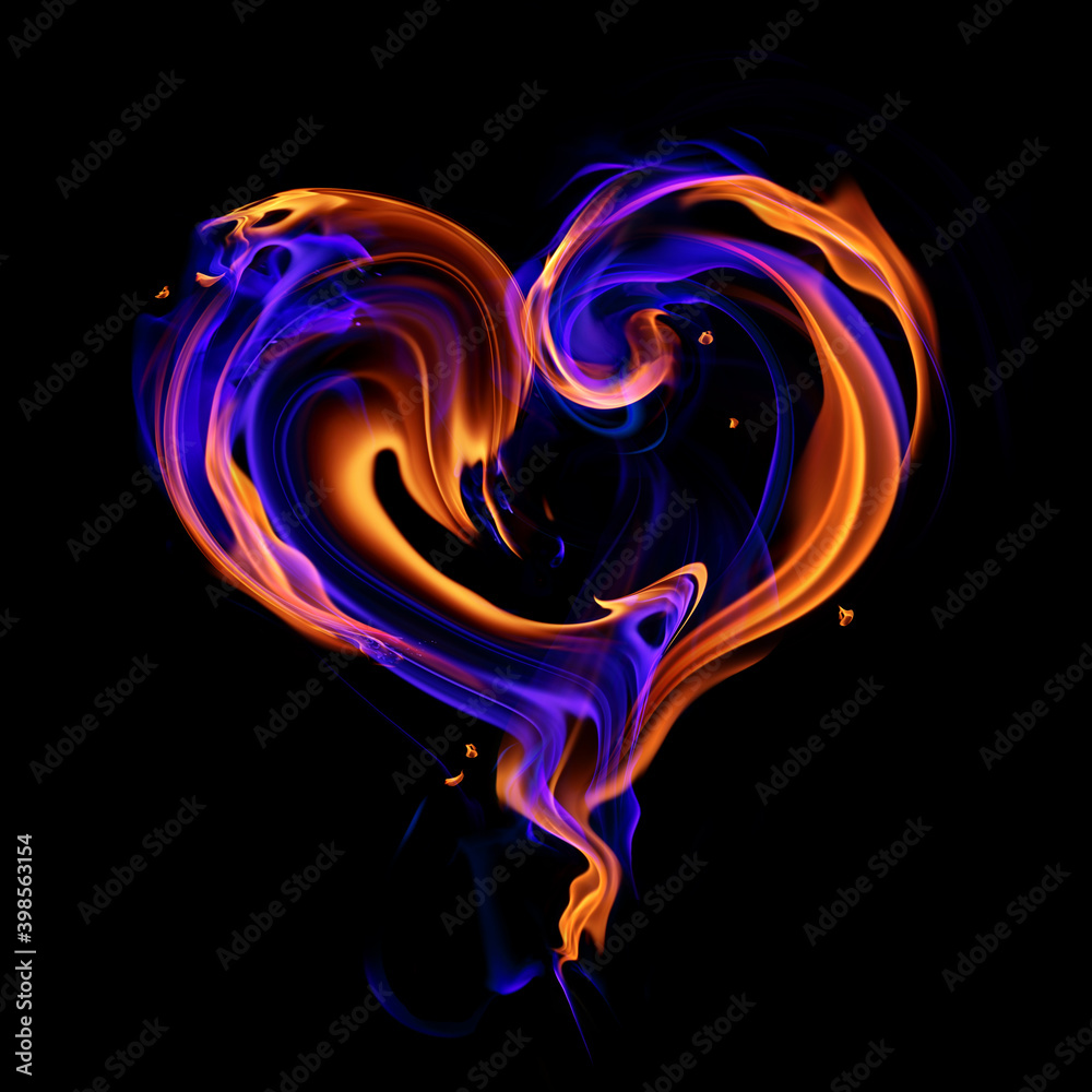 Burning heart symbol made of real red and blue fire flames isolated on ...