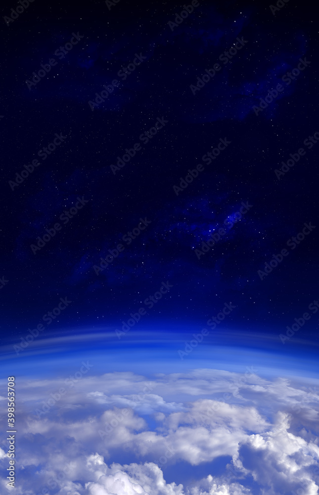 Earth atmosphere, dark blue space and stars